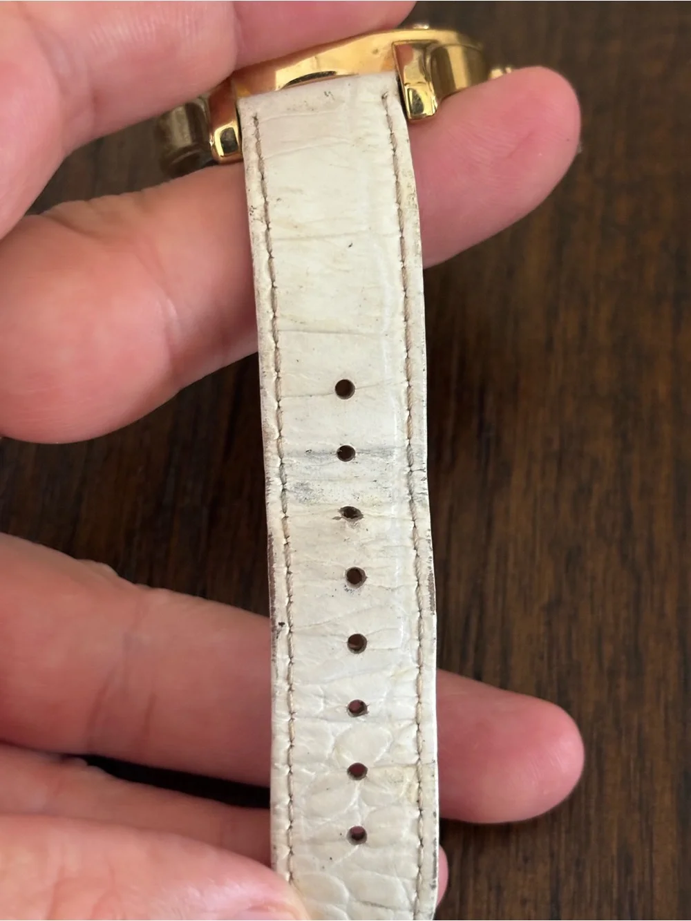 Anne Klein Gold and White Leather Strap Crystal Accent Watch